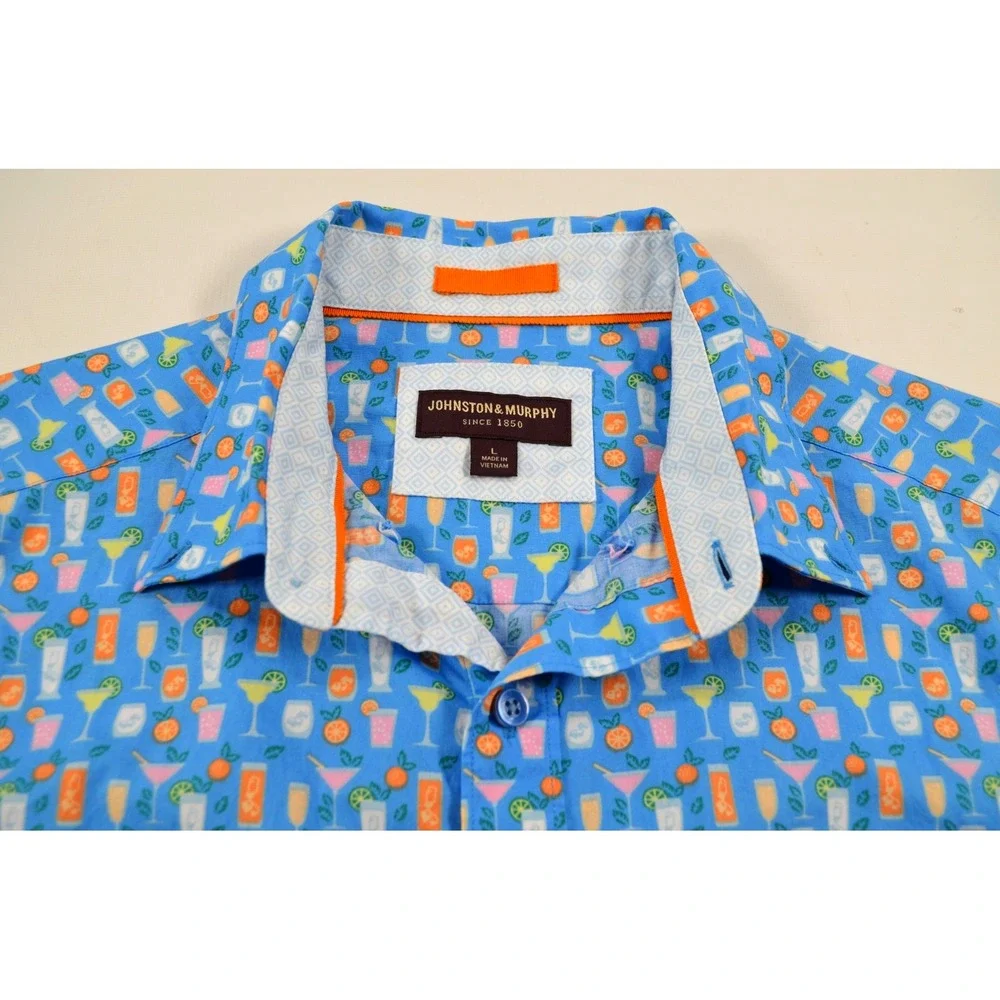 Johnston & Murphy Shirt Men's L Button Front Short Sleeve Blue w/ Cocktail Glass - Picture 2 of 16